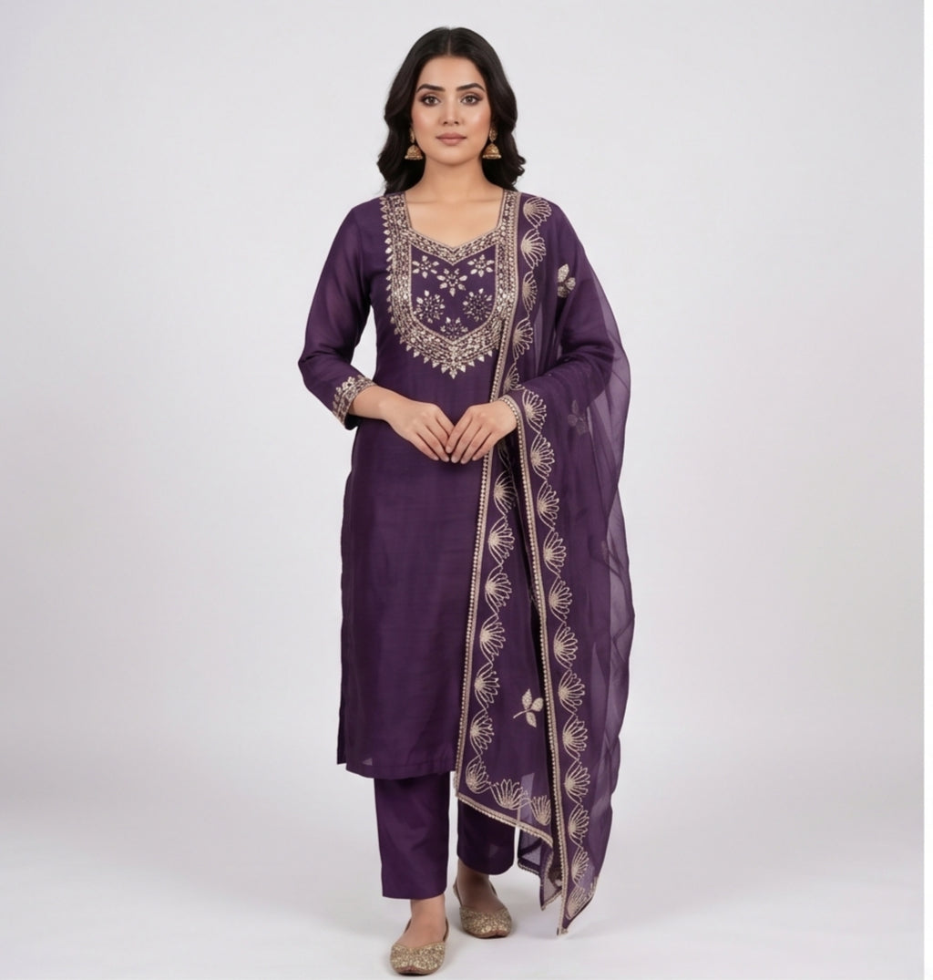Premium Purple Unstitched Crunch Tissue Suit Set with Heavy Mirror Work & Floral Organza Dupatta