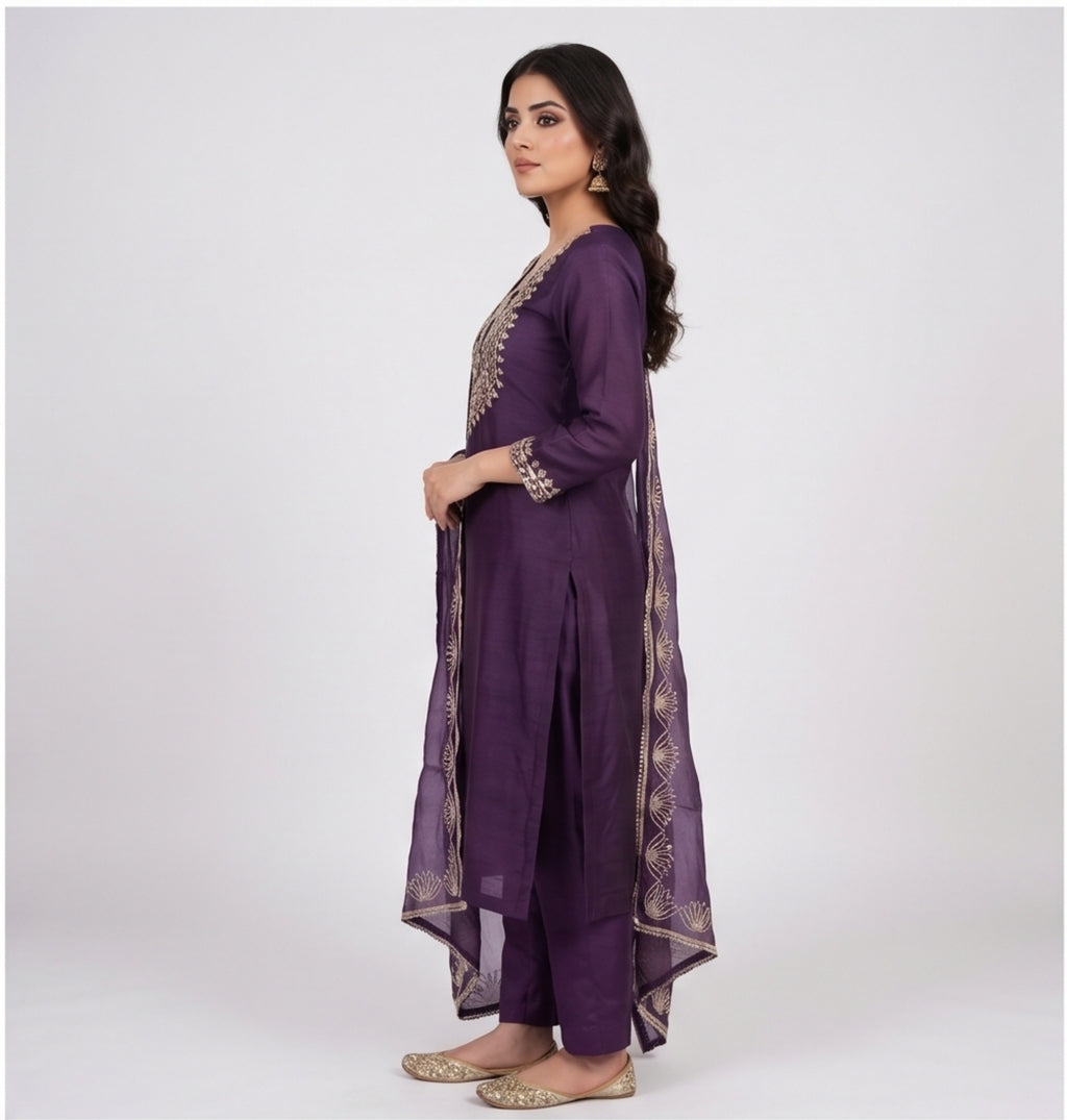 Premium Purple Unstitched Crunch Tissue Suit Set with Heavy Mirror Work & Floral Organza Dupatta