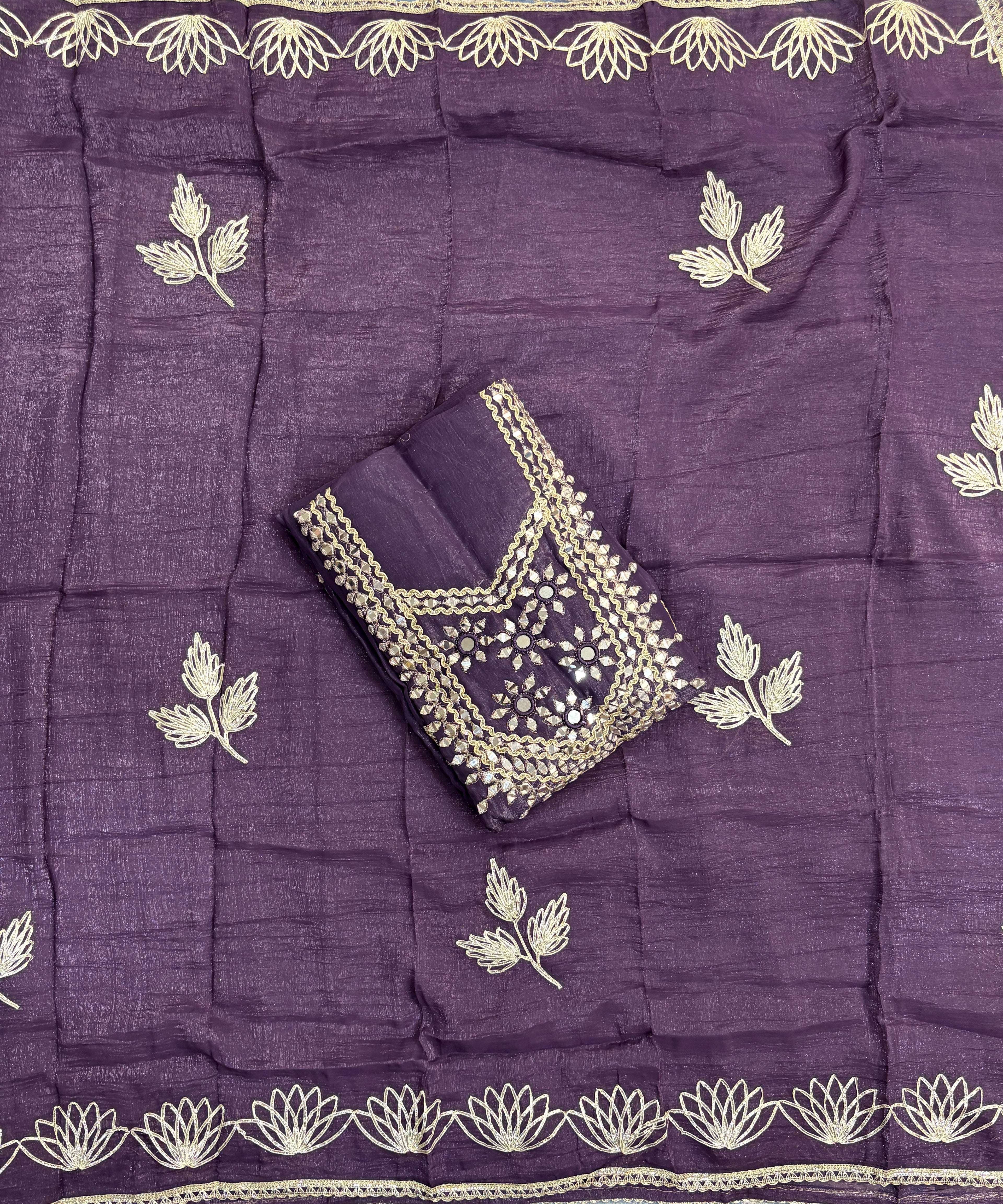Premium Purple Unstitched Crunch Tissue Suit Set with Heavy Mirror Work & Floral Organza Dupatta