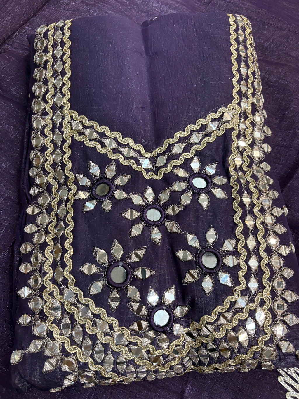 Premium Purple Unstitched Crunch Tissue Suit Set with Heavy Mirror Work & Floral Organza Dupatta