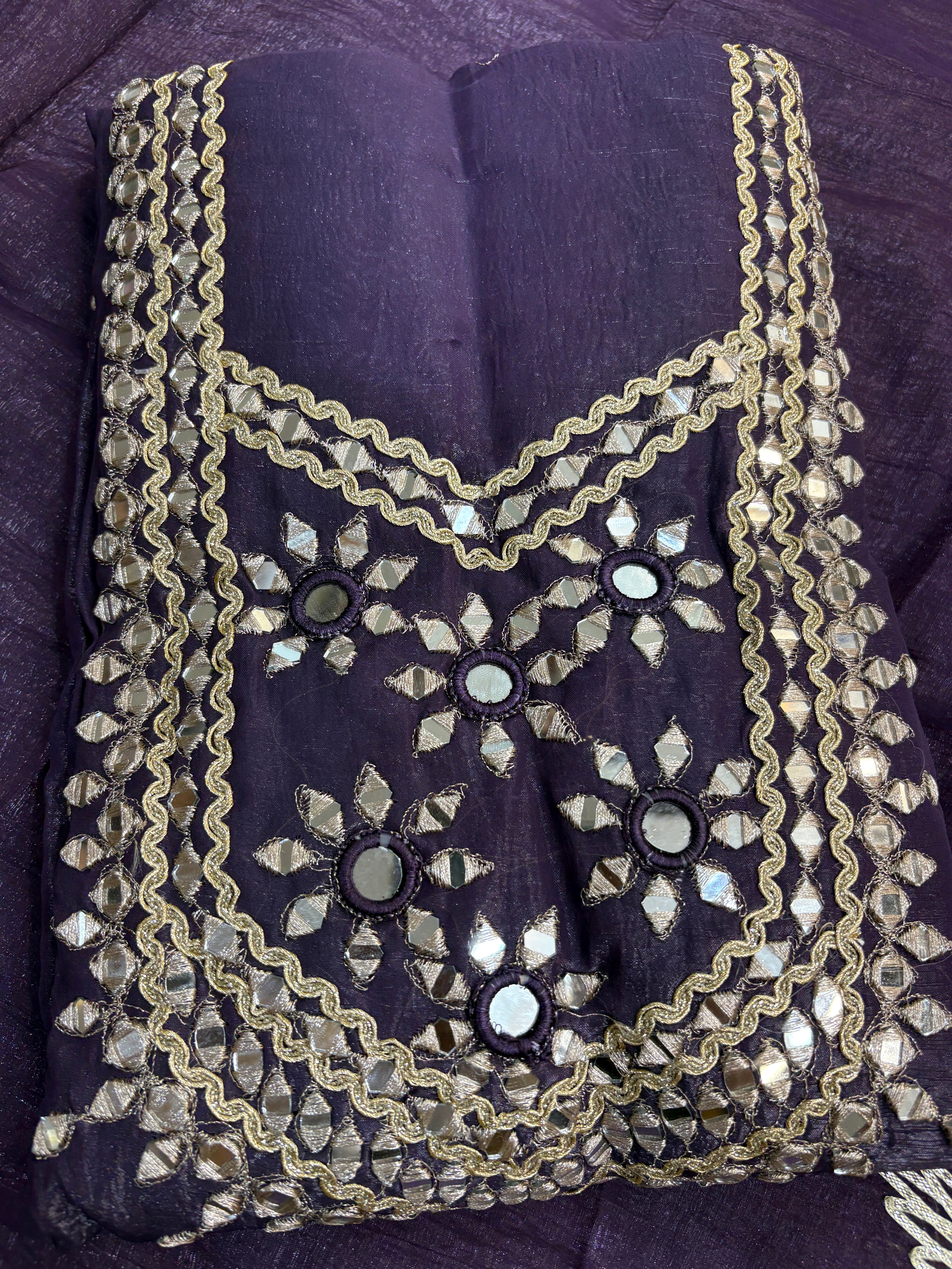 Premium Purple Unstitched Crunch Tissue Suit Set with Heavy Mirror Work & Floral Organza Dupatta