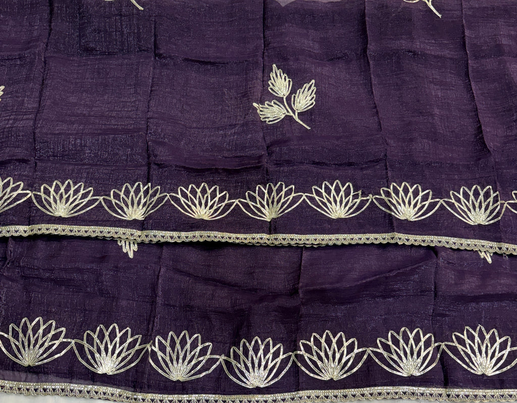 Premium Purple Unstitched Crunch Tissue Suit Set with Heavy Mirror Work & Floral Organza Dupatta