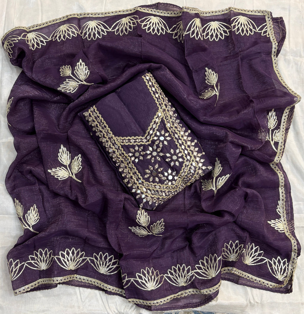 Premium Purple Unstitched Crunch Tissue Suit Set with Heavy Mirror Work & Floral Organza Dupatta