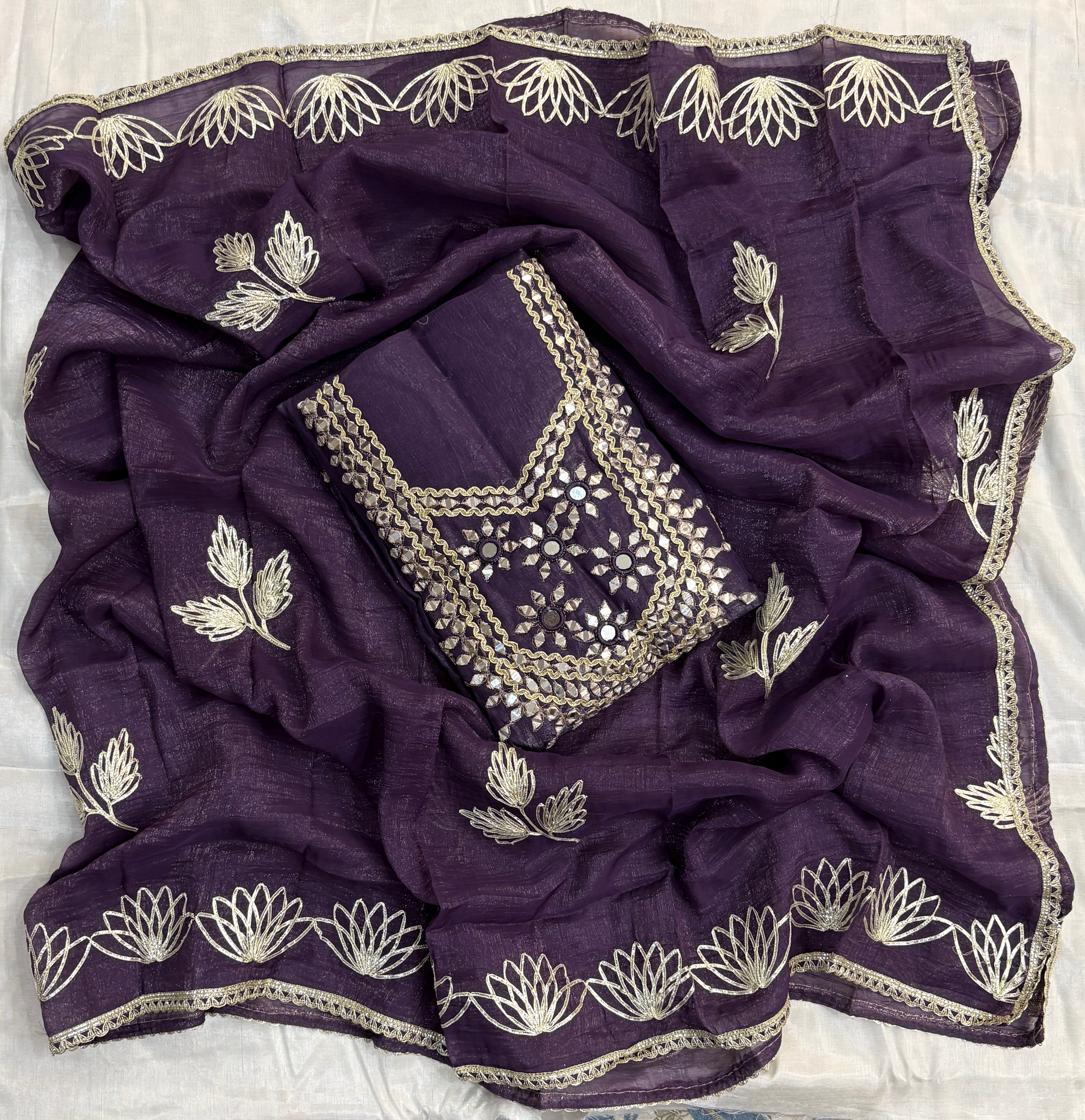 Premium Purple Unstitched Crunch Tissue Suit Set with Heavy Mirror Work & Floral Organza Dupatta