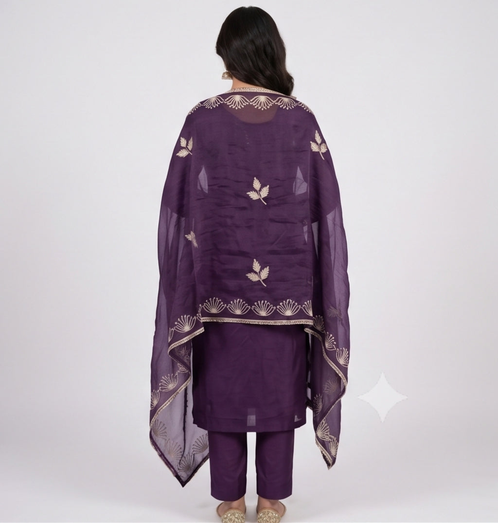 Premium Purple Unstitched Crunch Tissue Suit Set with Heavy Mirror Work & Floral Organza Dupatta