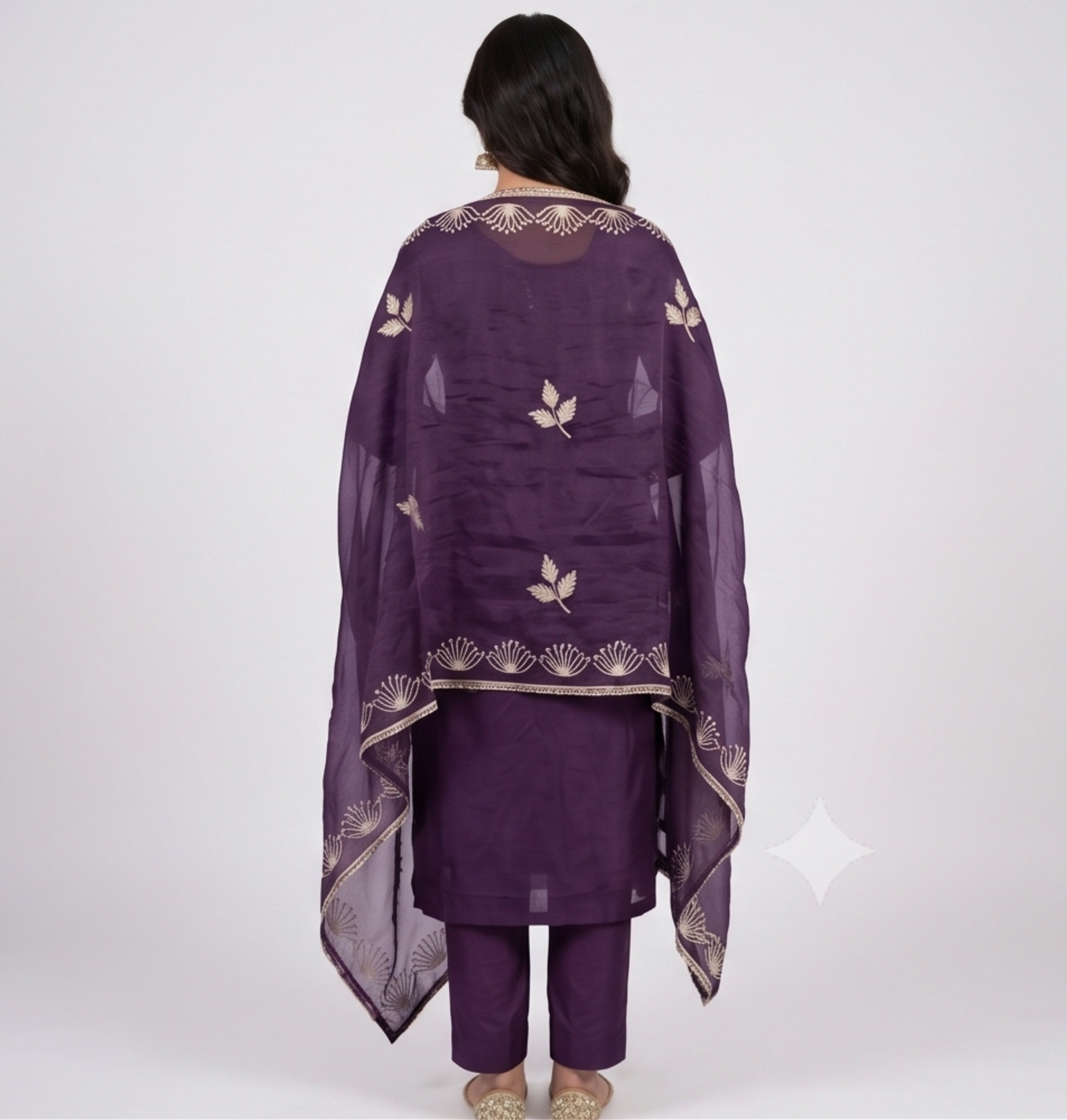 Premium Purple Unstitched Crunch Tissue Suit Set with Heavy Mirror Work & Floral Organza Dupatta