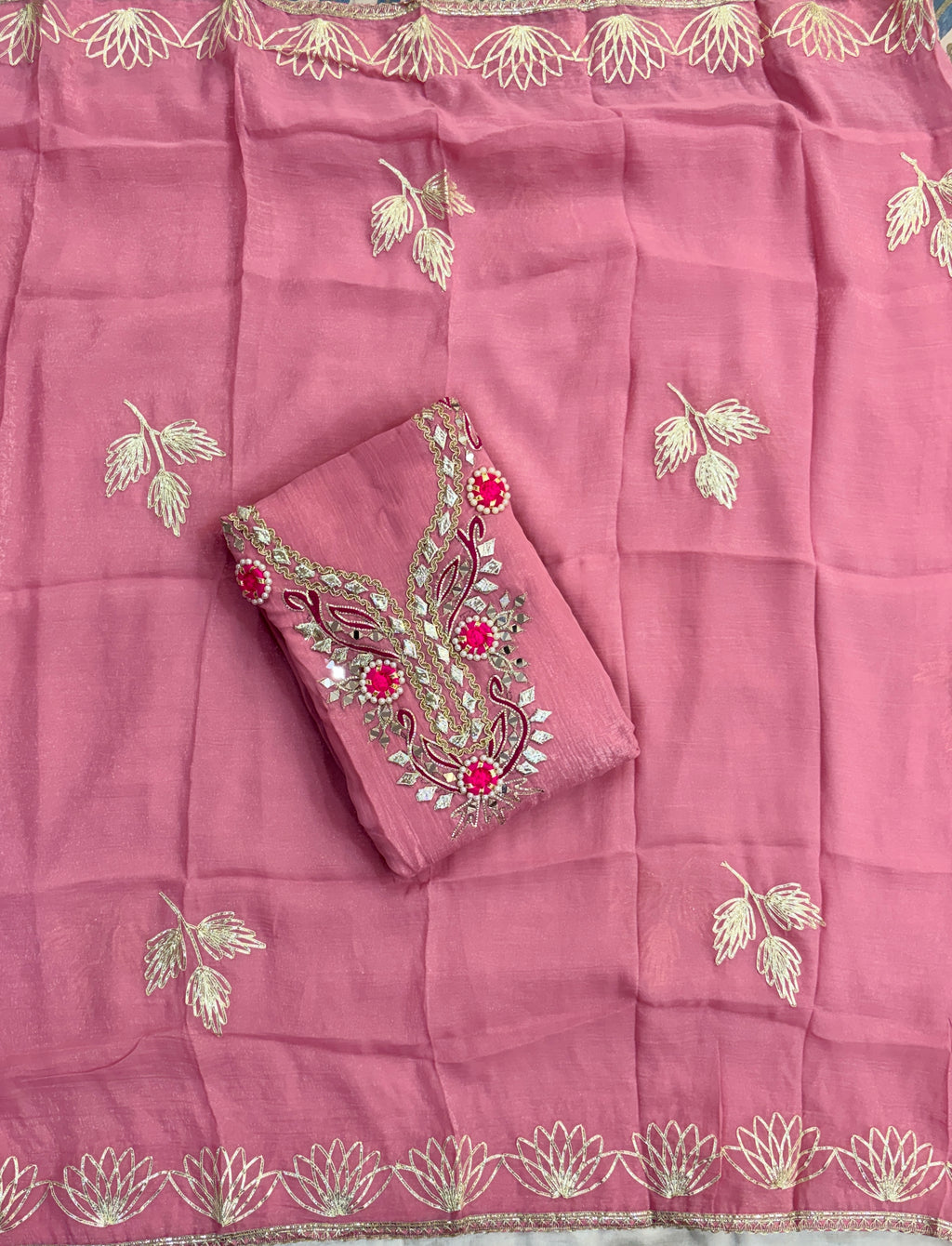 Elegant Pink Crunchy Tissue Unstitched Salwar Suit Material with Heavy Gota Patti & Mirror Work Neckline