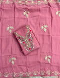 Elegant Pink Crunchy Tissue Unstitched Salwar Suit Material with Heavy Gota Patti & Mirror Work Neckline