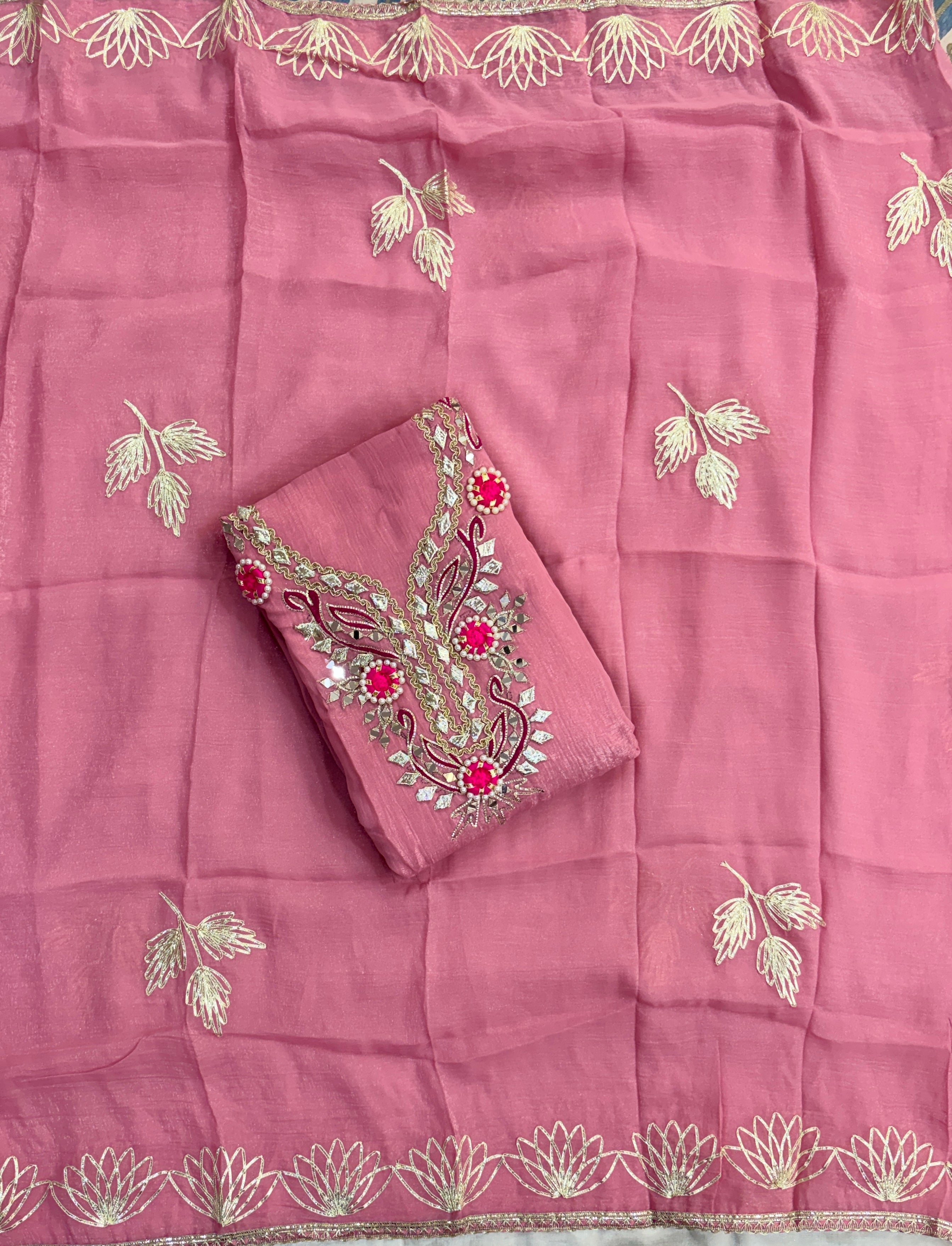 Elegant Pink Crunchy Tissue Unstitched Salwar Suit Material with Heavy Gota Patti & Mirror Work Neckline