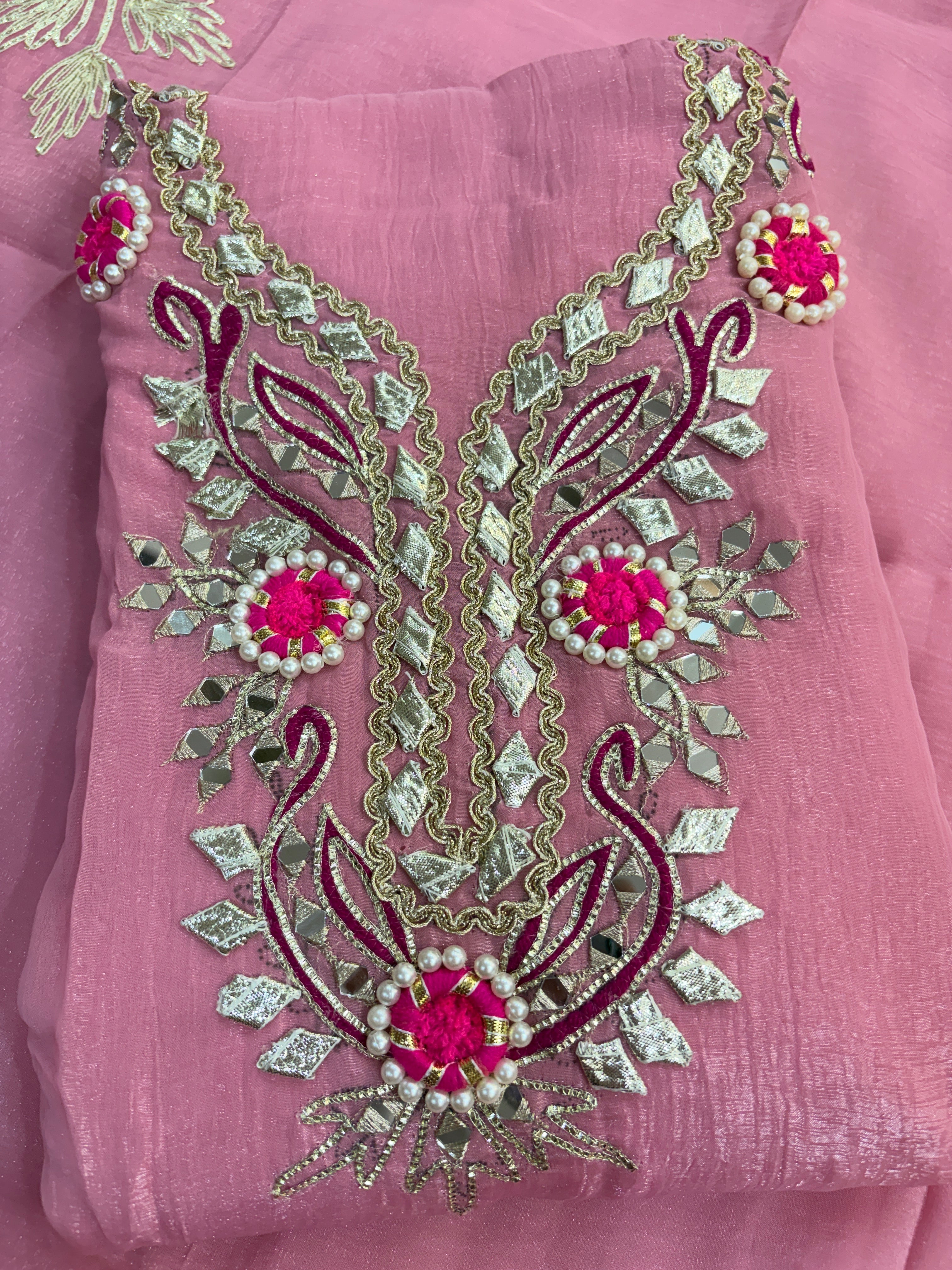 Elegant Pink Crunchy Tissue Unstitched Salwar Suit Material with Heavy Gota Patti & Mirror Work Neckline
