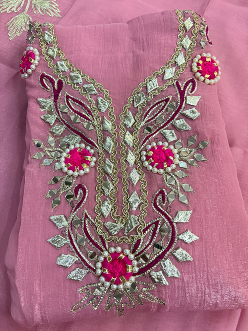 Elegant Pink Crunchy Tissue Unstitched Salwar Suit Material with Heavy Gota Patti & Mirror Work Neckline