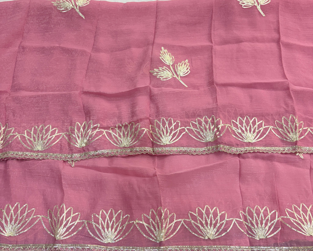 Elegant Pink Crunchy Tissue Unstitched Salwar Suit Material with Heavy Gota Patti & Mirror Work Neckline