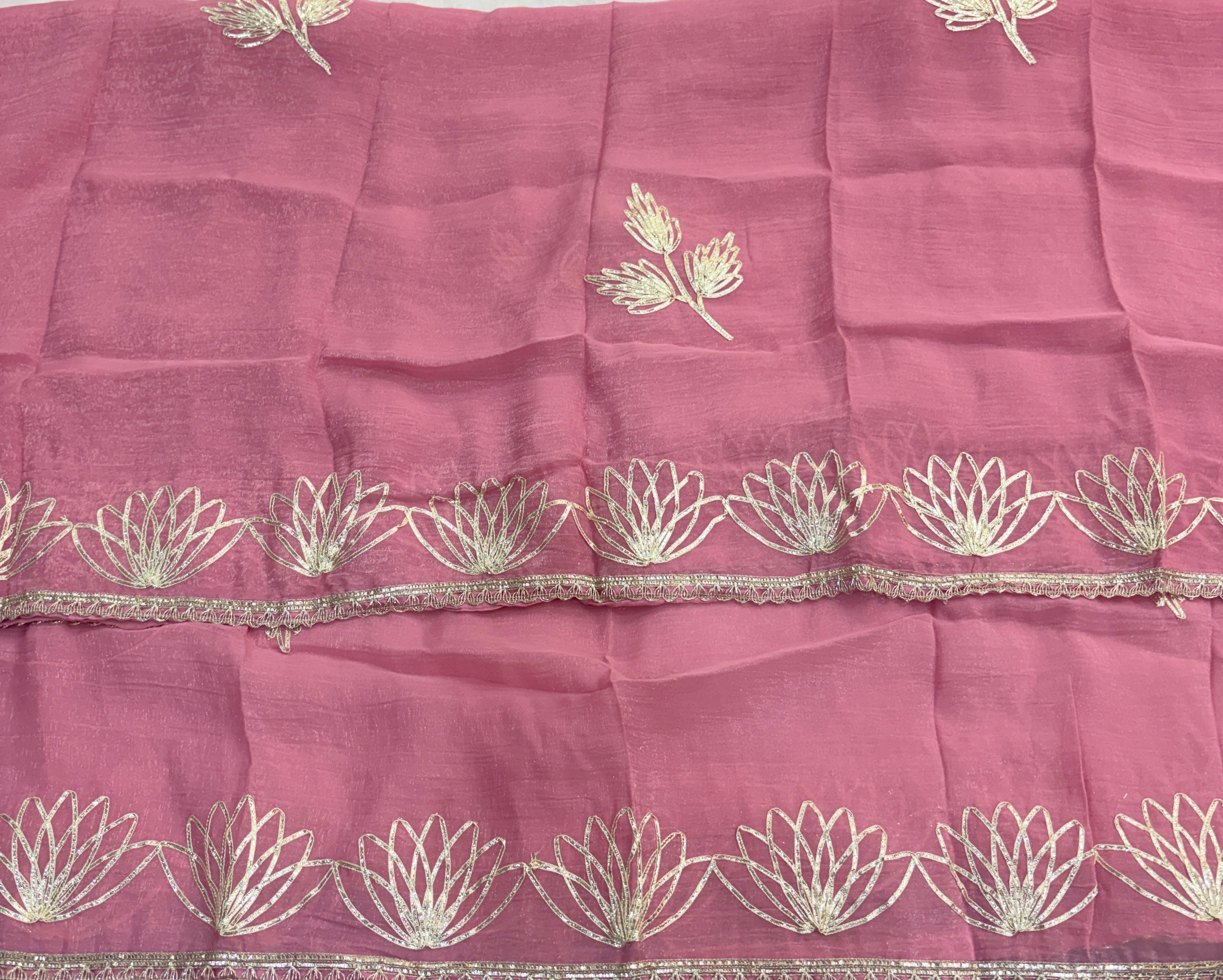Elegant Pink Crunchy Tissue Unstitched Salwar Suit Material with Heavy Gota Patti & Mirror Work Neckline
