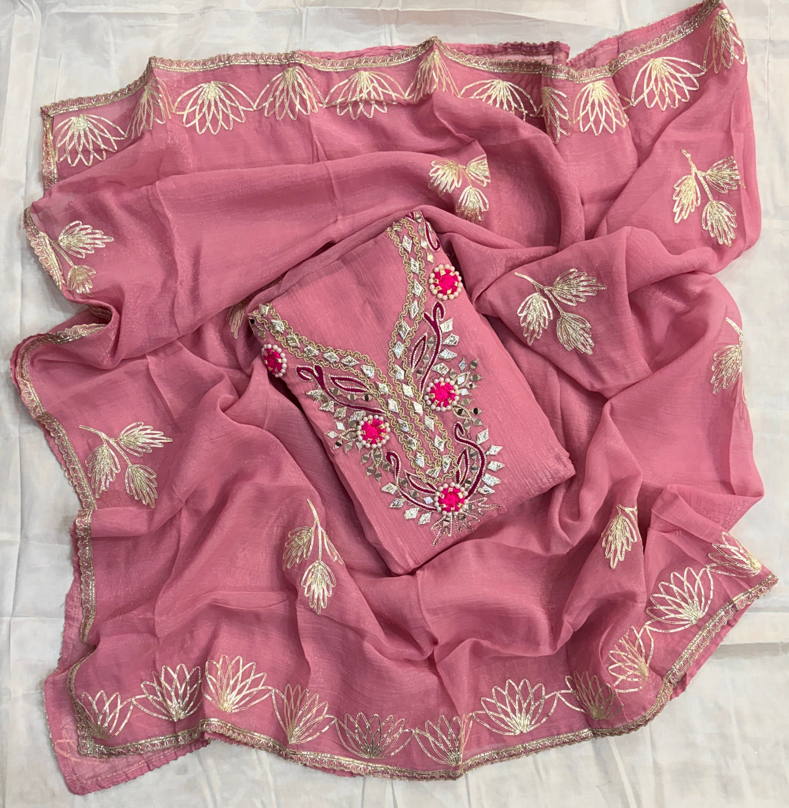 Elegant Pink Crunchy Tissue Unstitched Salwar Suit Material with Heavy Gota Patti & Mirror Work Neckline