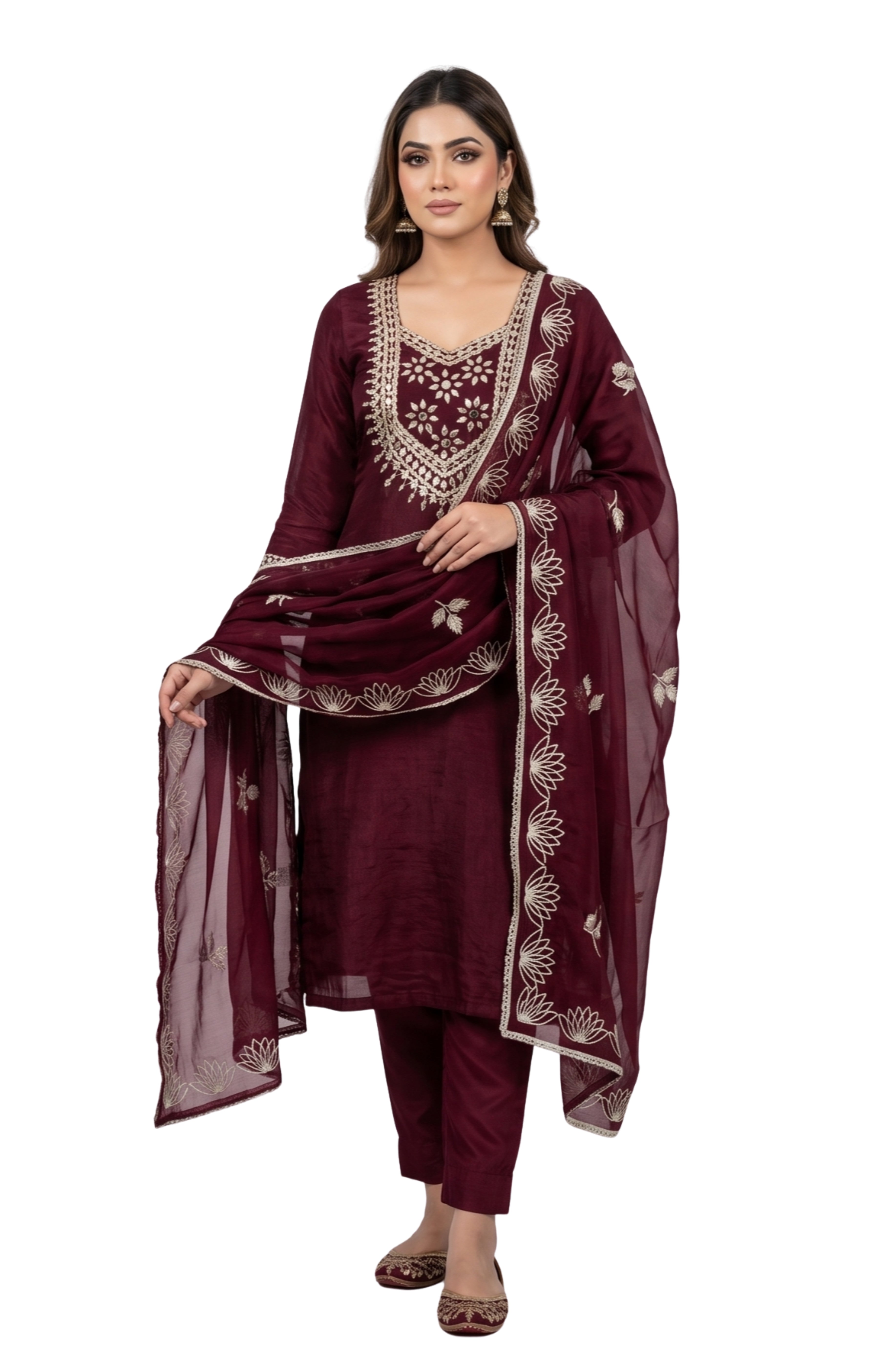 Premium Purple Unstitched Crunch Tissue Suit Set with Heavy Mirror Work & Floral Organza Dupatta