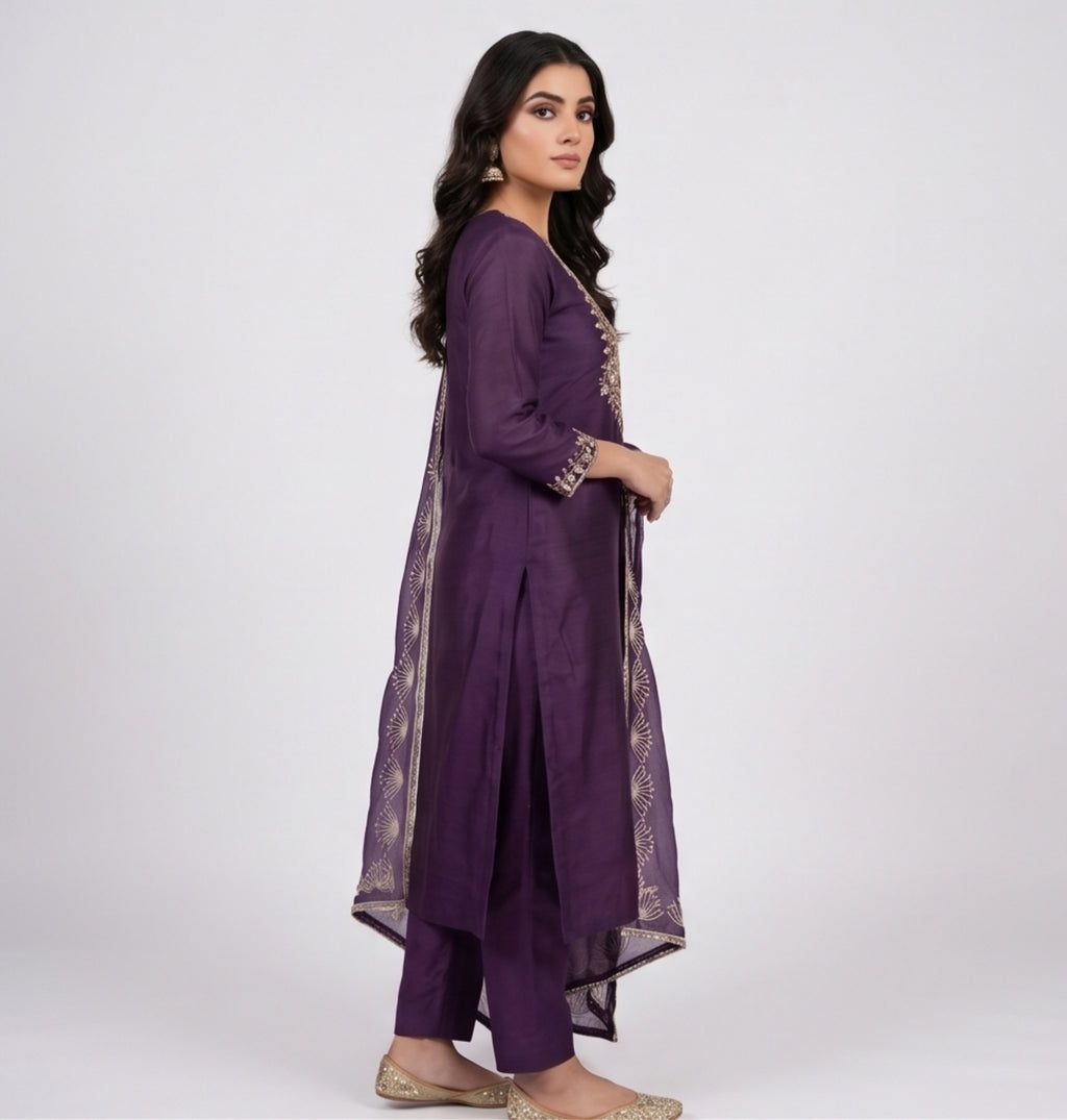 Premium Purple Unstitched Crunch Tissue Suit Set with Heavy Mirror Work & Floral Organza Dupatta