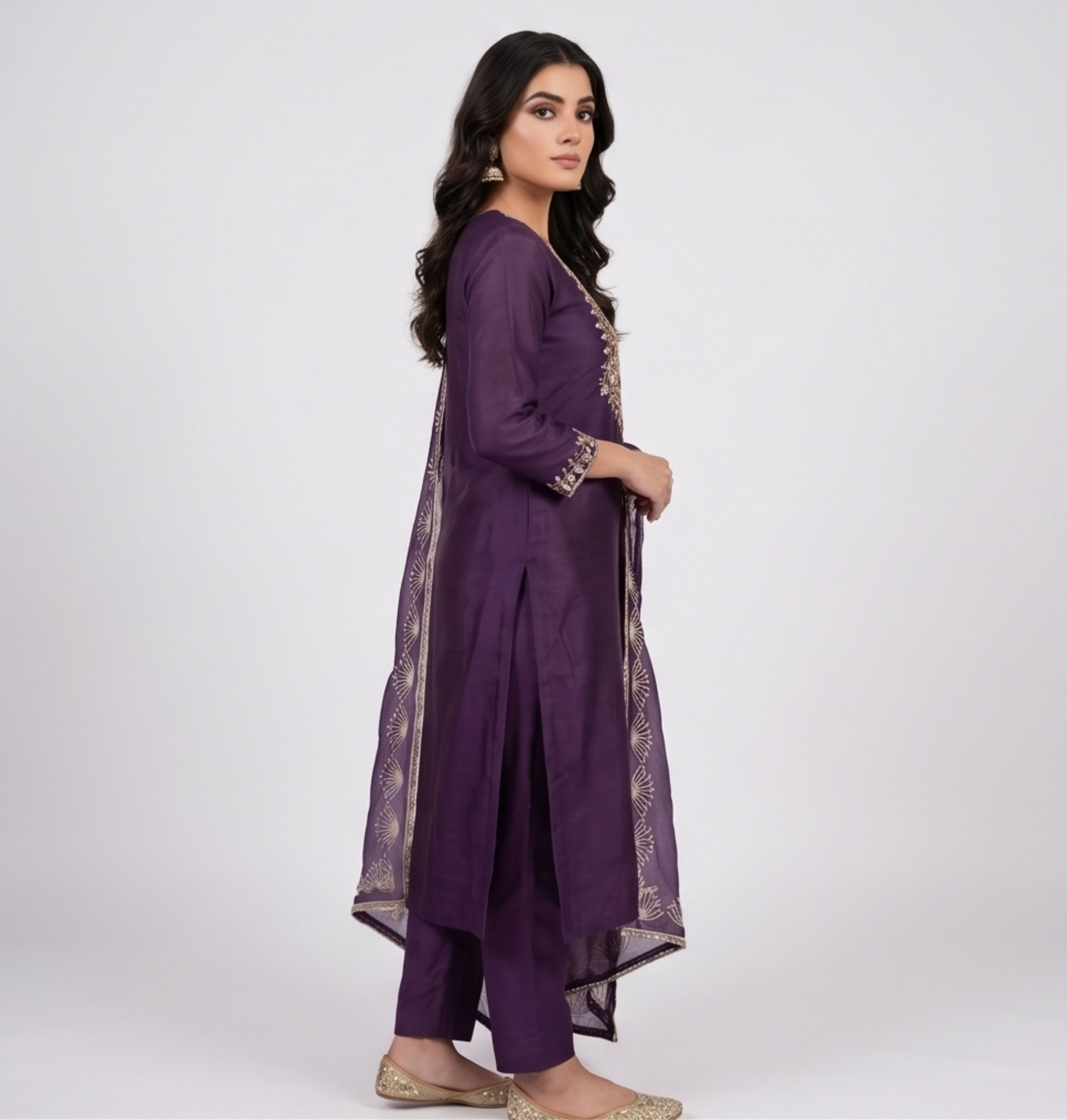 Premium Purple Unstitched Crunch Tissue Suit Set with Heavy Mirror Work & Floral Organza Dupatta