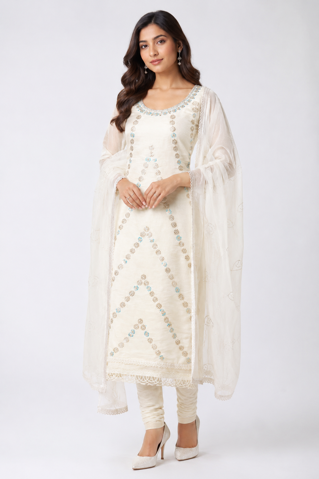 Premium White Color Unstitched Suit Set with Heavy Dupatta