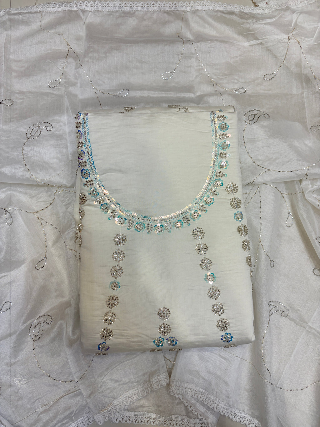 Premium White Color Unstitched Suit Set with Heavy Dupatta