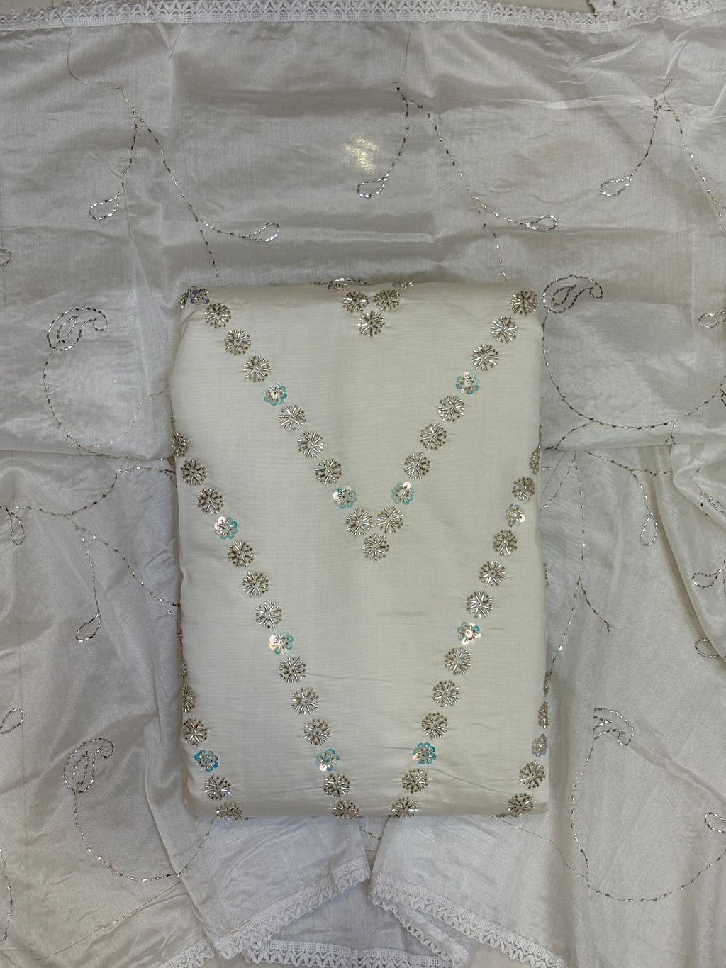 Premium White Color Unstitched Suit Set with Heavy Dupatta