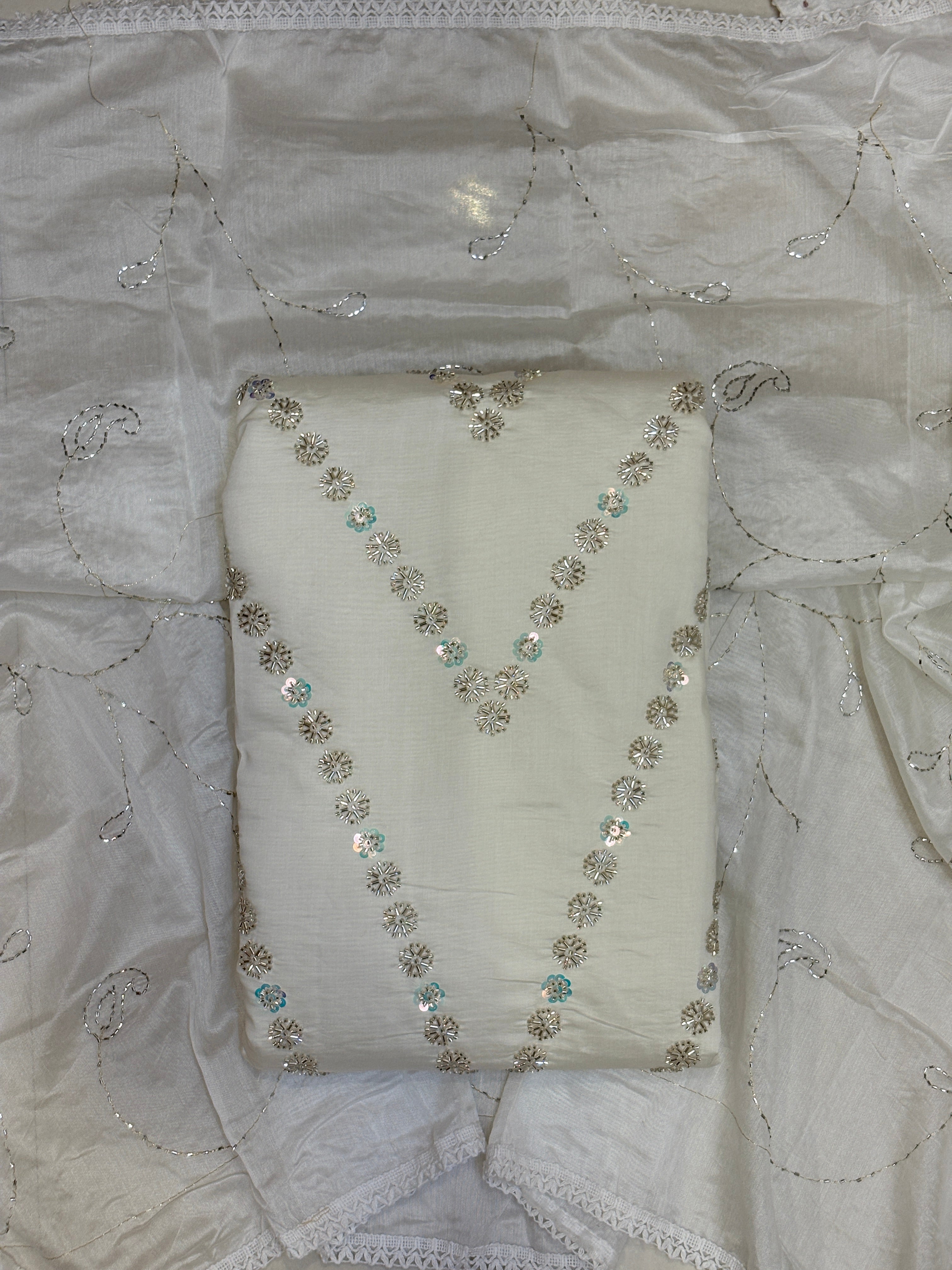 Premium White Color Unstitched Suit Set with Heavy Dupatta