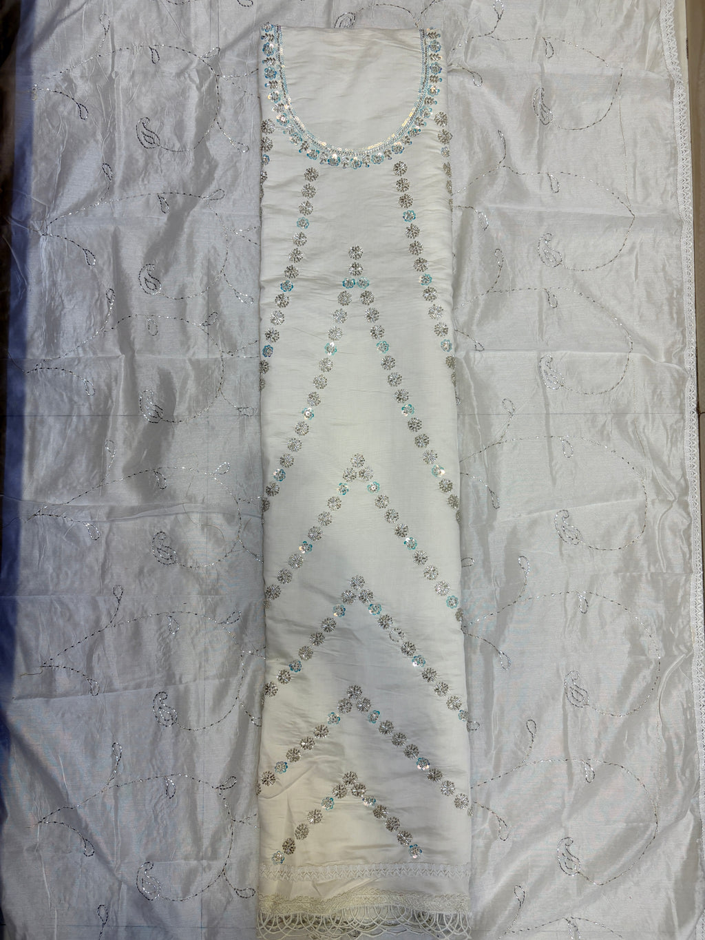Premium White Color Unstitched Suit Set with Heavy Dupatta