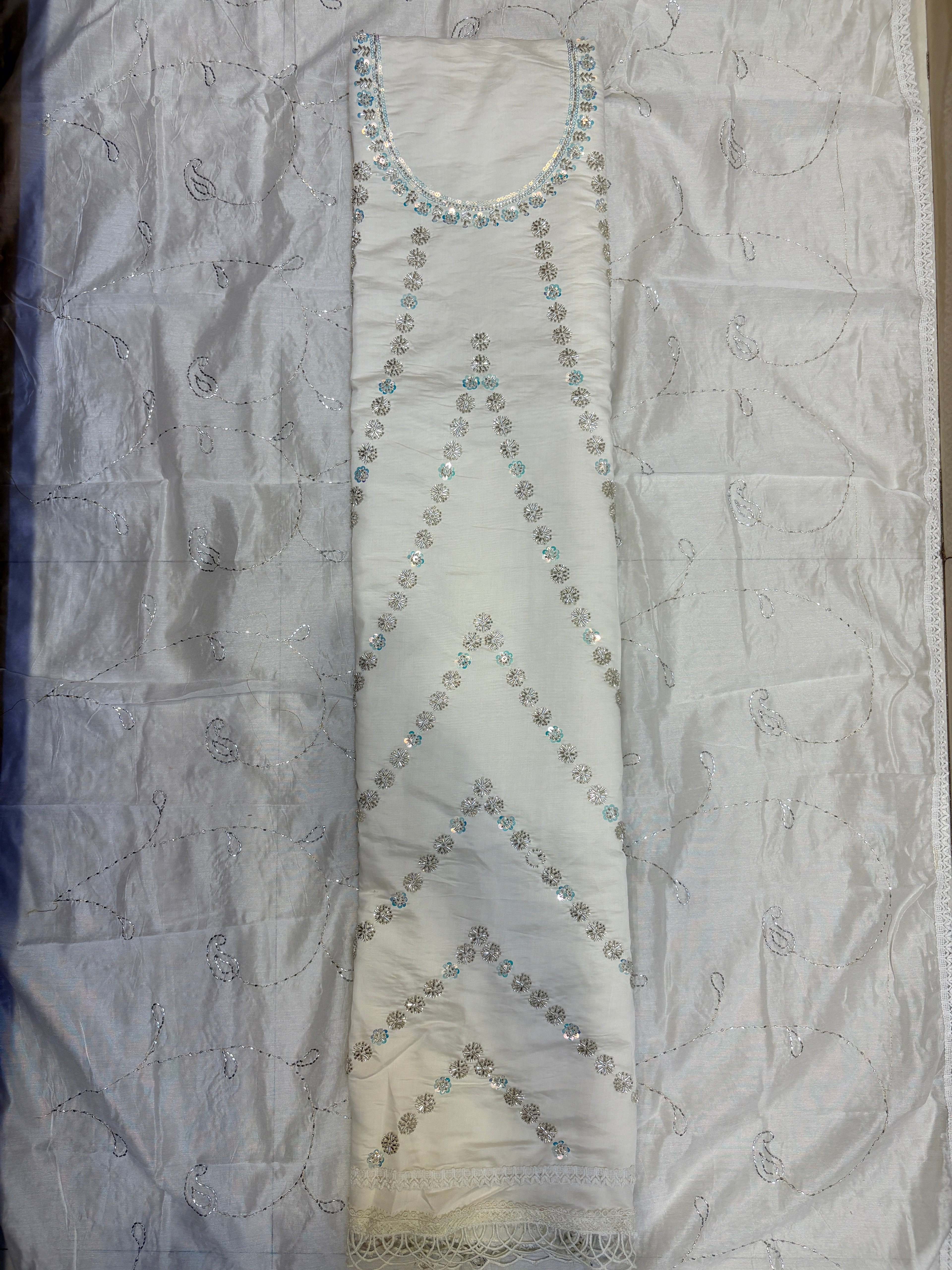 Premium White Color Unstitched Suit Set with Heavy Dupatta