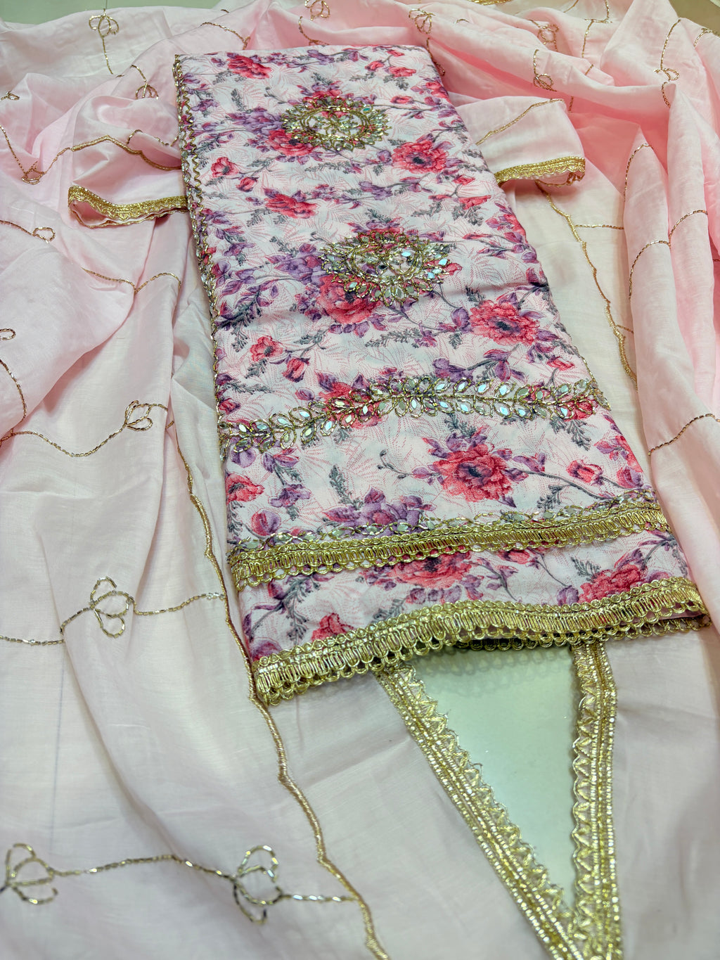 Premium Pink Color Cotton Printed Unstitched Suit Set