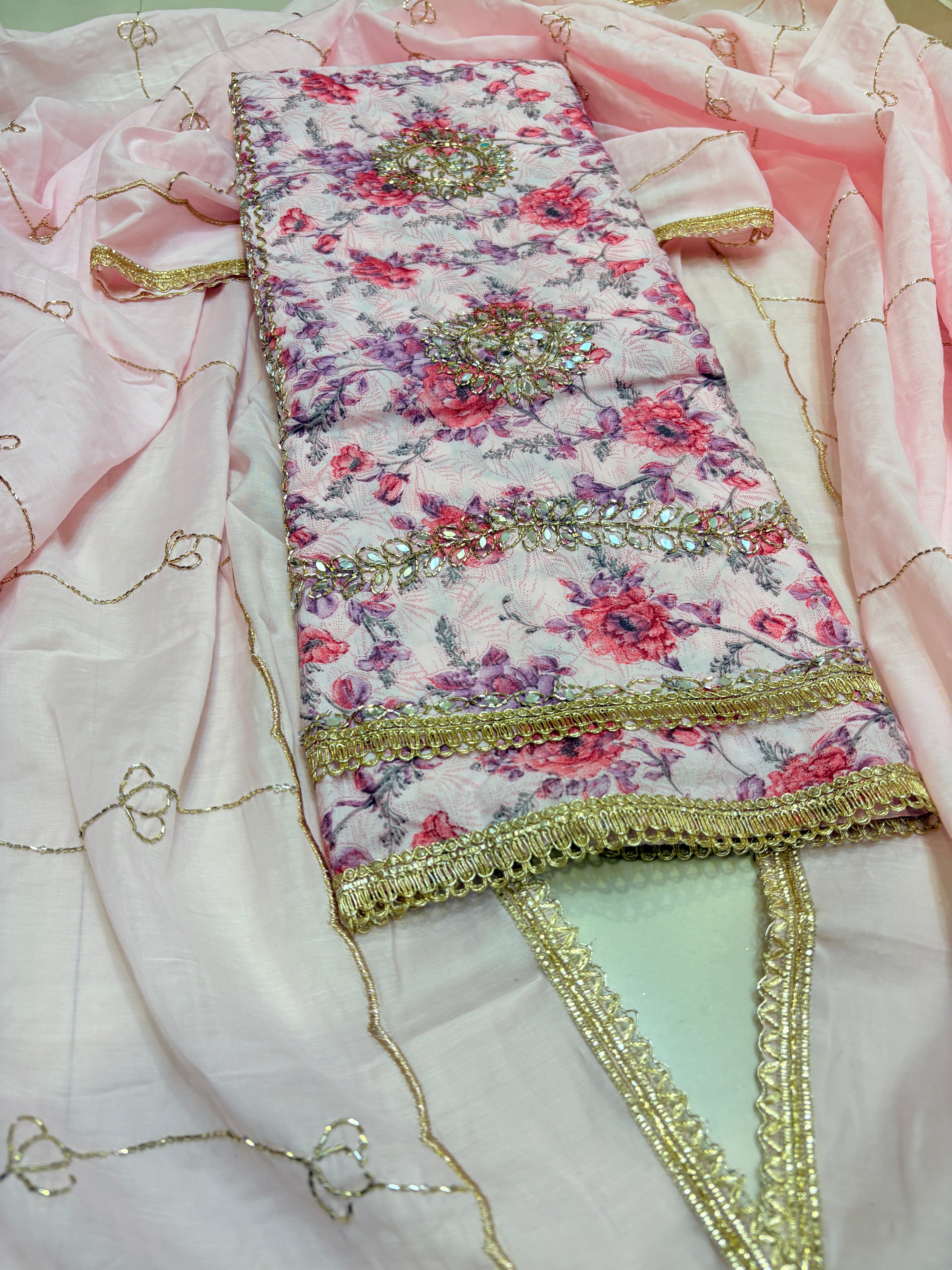 Premium Pink Color Cotton Printed Unstitched Suit Set