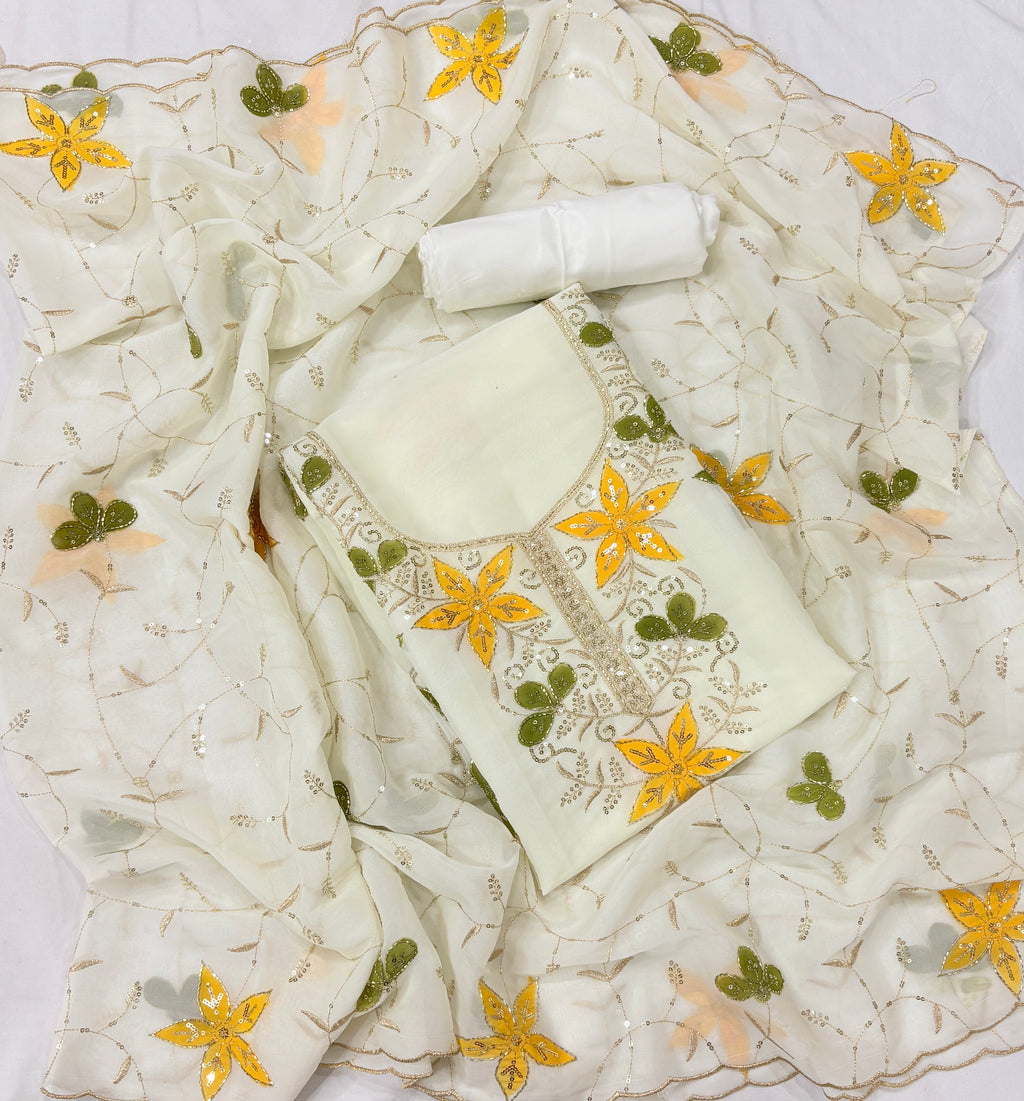 Elegant Off-White Floral Embroidered Unstitched Salwar Suit Material with Sequined Dupatta