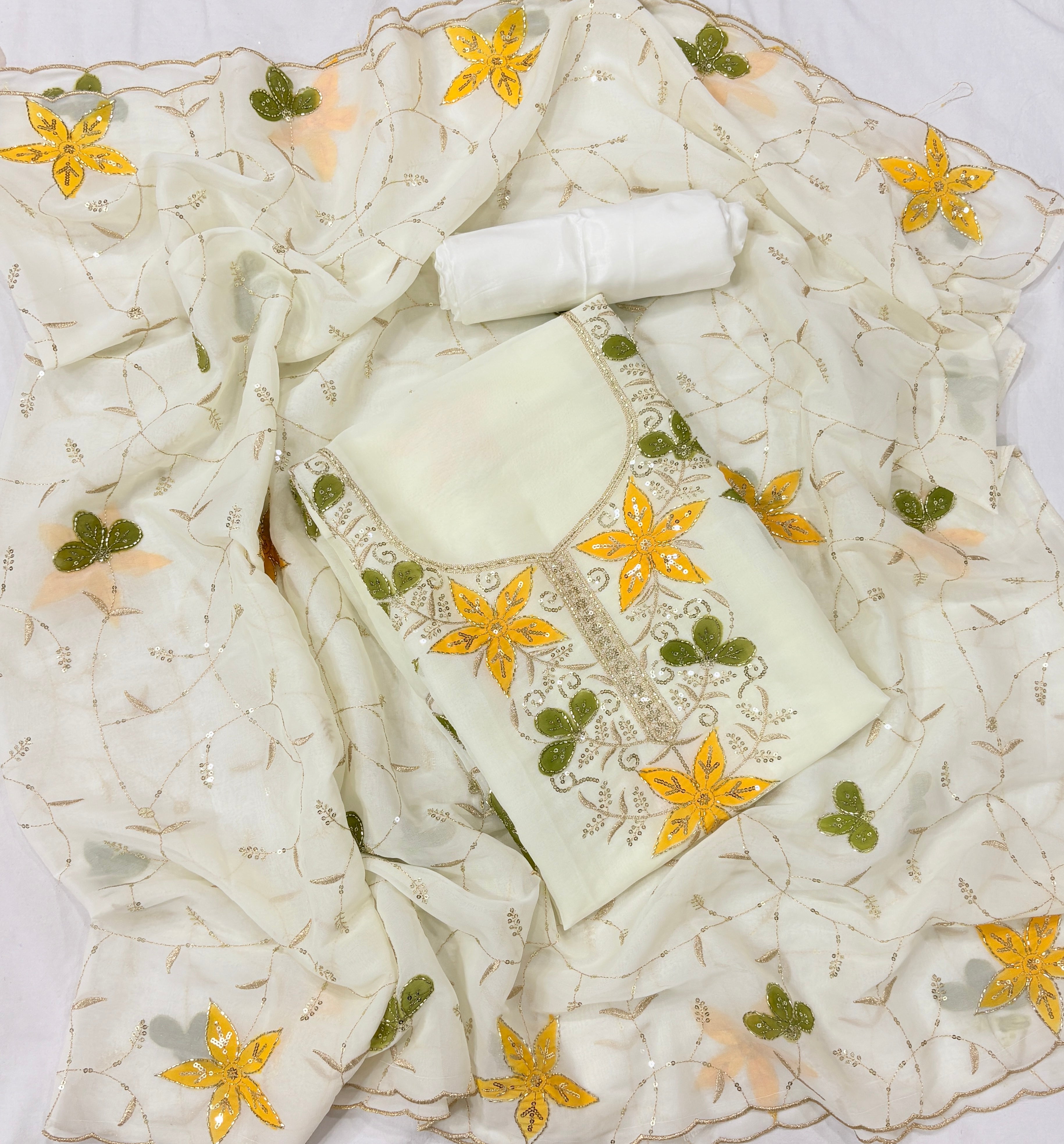 Elegant Off-White Floral Embroidered Unstitched Salwar Suit Material with Sequined Dupatta