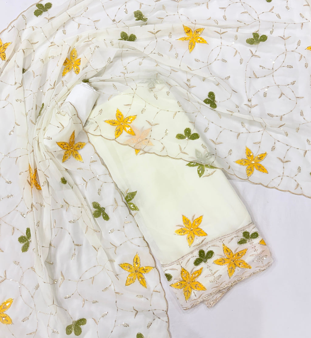 Elegant Off-White Floral Embroidered Unstitched Salwar Suit Material with Sequined Dupatta