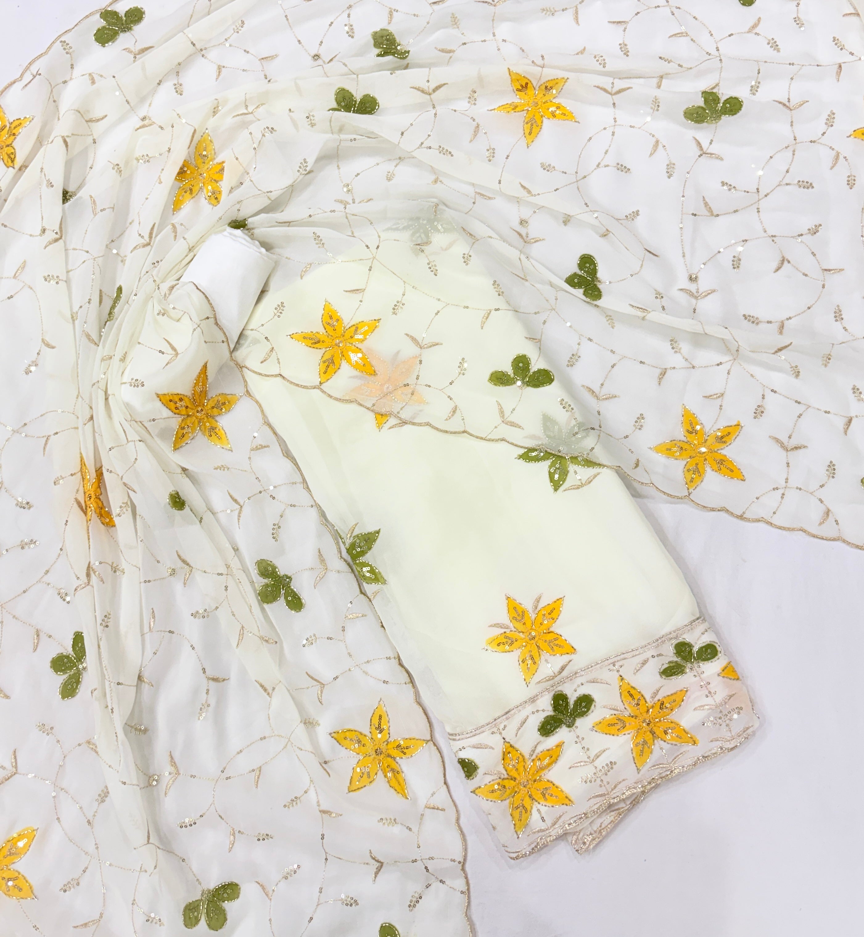 Elegant Off-White Floral Embroidered Unstitched Salwar Suit Material with Sequined Dupatta