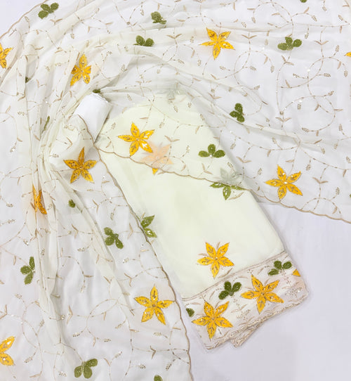 Elegant Off-White Floral Embroidered Unstitched Salwar Suit Material with Sequined Dupatta