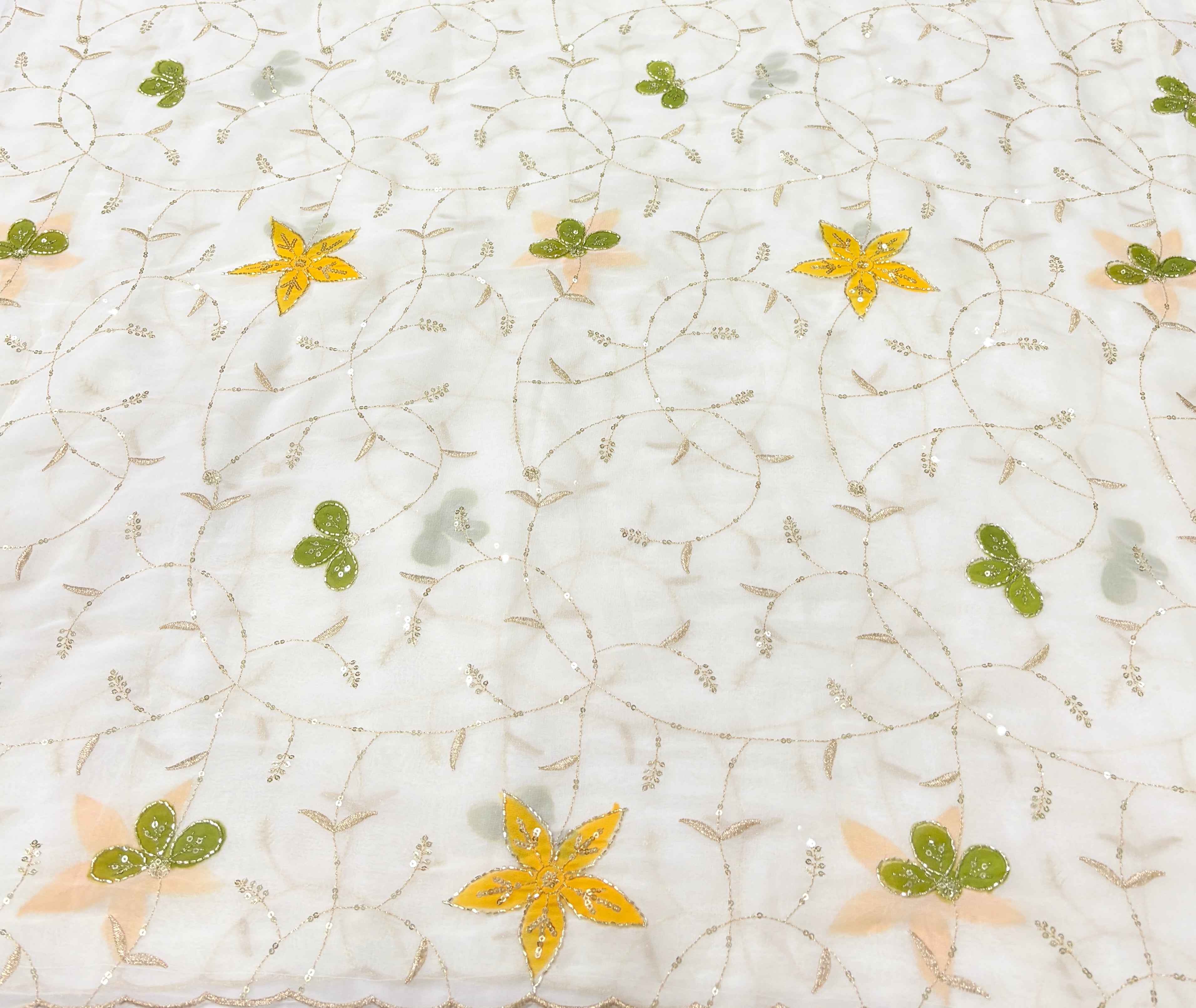 Elegant Off-White Floral Embroidered Unstitched Salwar Suit Material with Sequined Dupatta