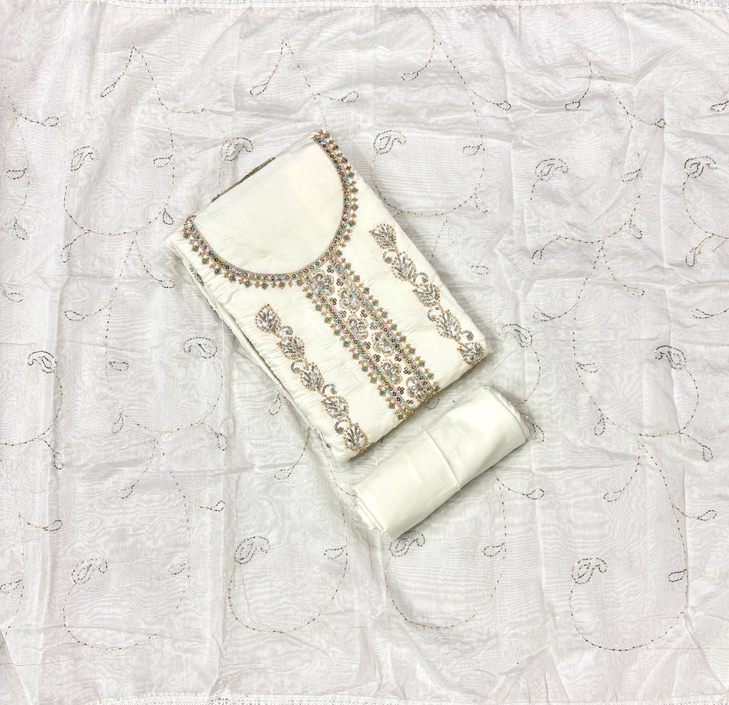 Elegant Off-White Floral Embroidered Unstitched Salwar Suit Material with Sequined Dupatta