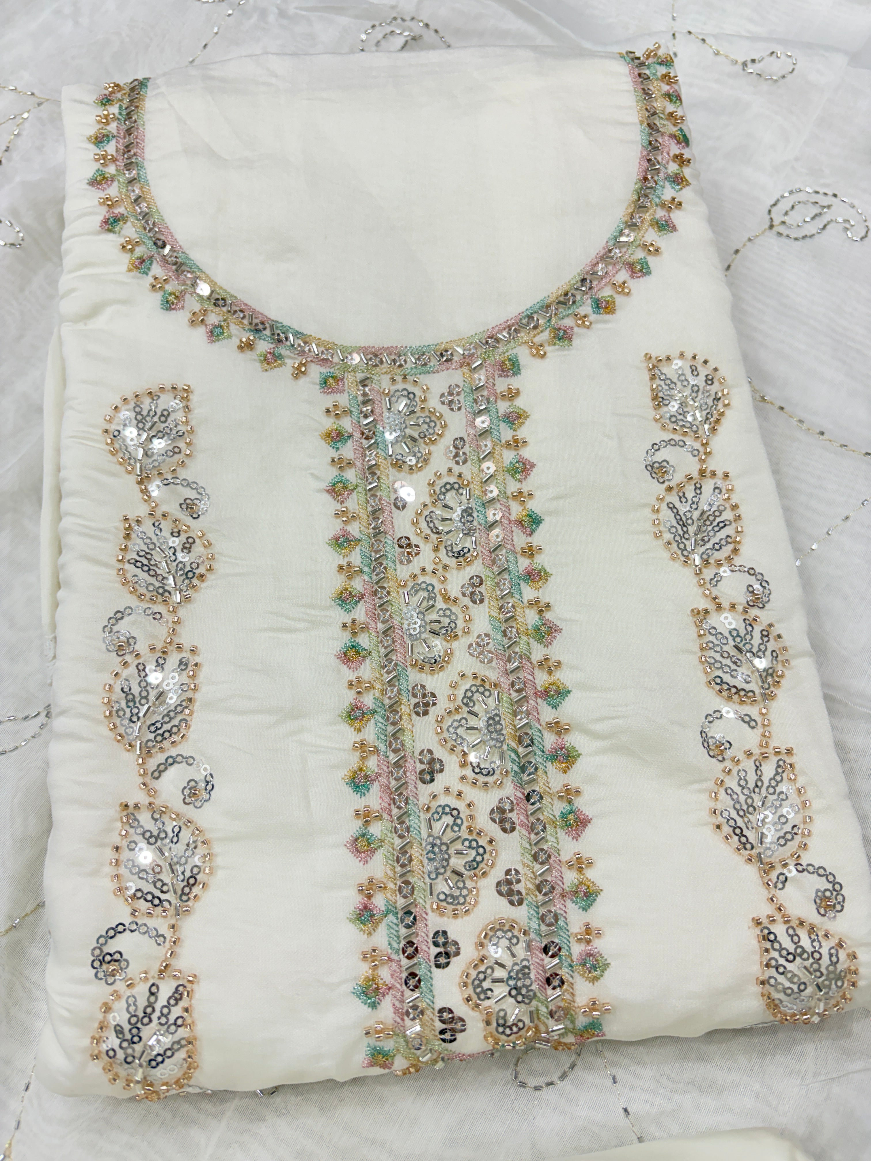 Elegant Off-White Floral Embroidered Unstitched Salwar Suit Material with Sequined Dupatta