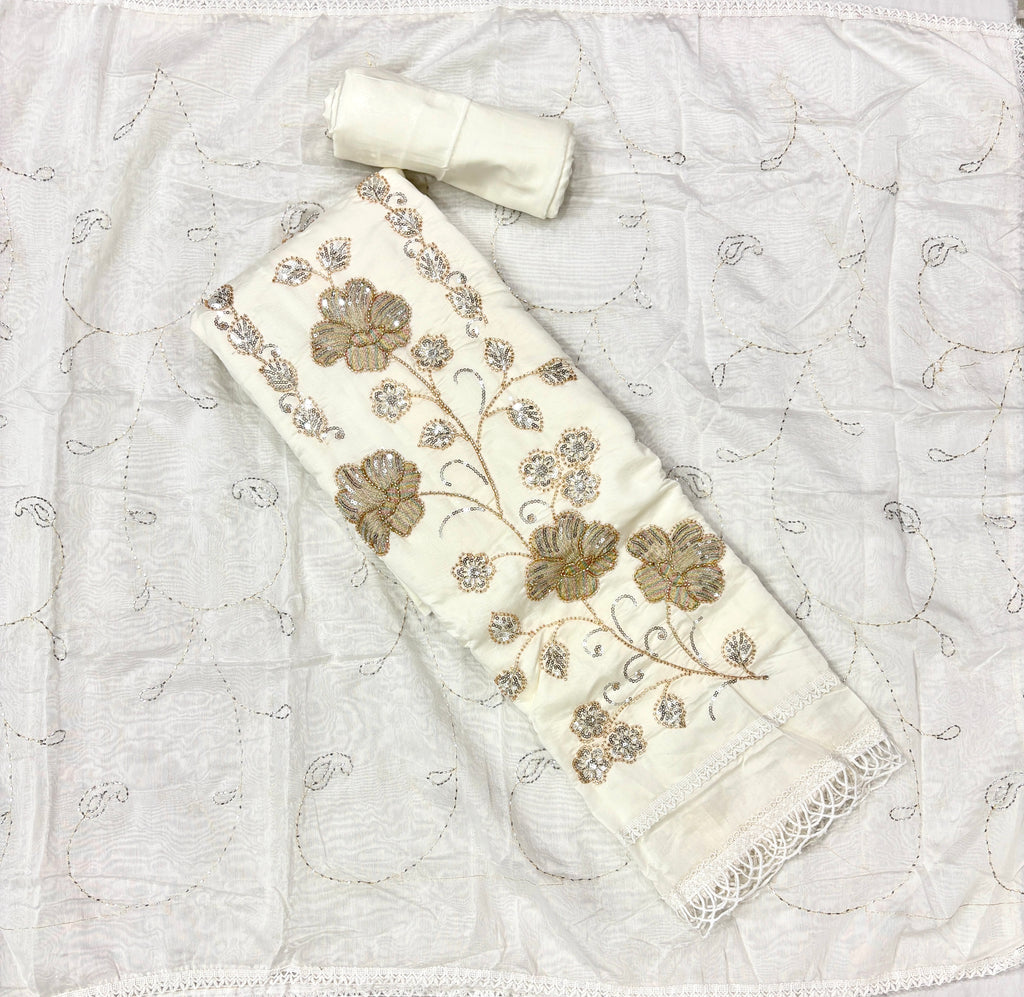 Elegant Off-White Floral Embroidered Unstitched Salwar Suit Material with Sequined Dupatta