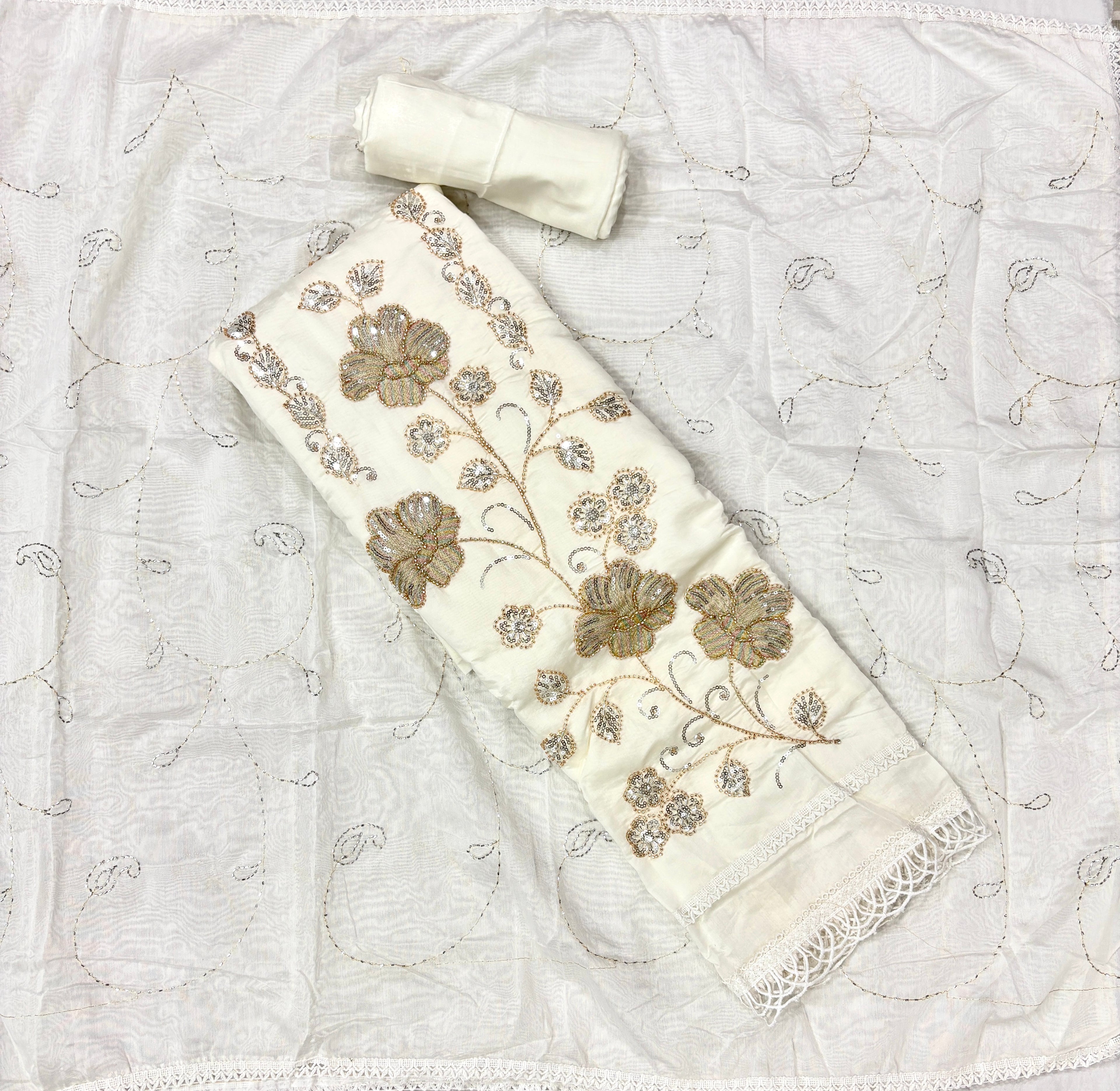 Elegant Off-White Floral Embroidered Unstitched Salwar Suit Material with Sequined Dupatta