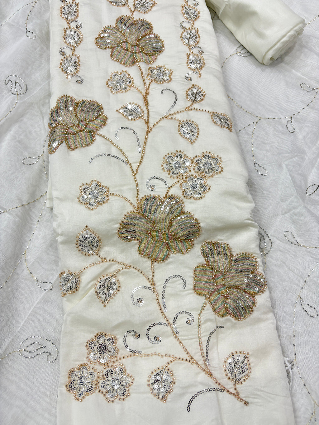 Elegant Off-White Floral Embroidered Unstitched Salwar Suit Material with Sequined Dupatta