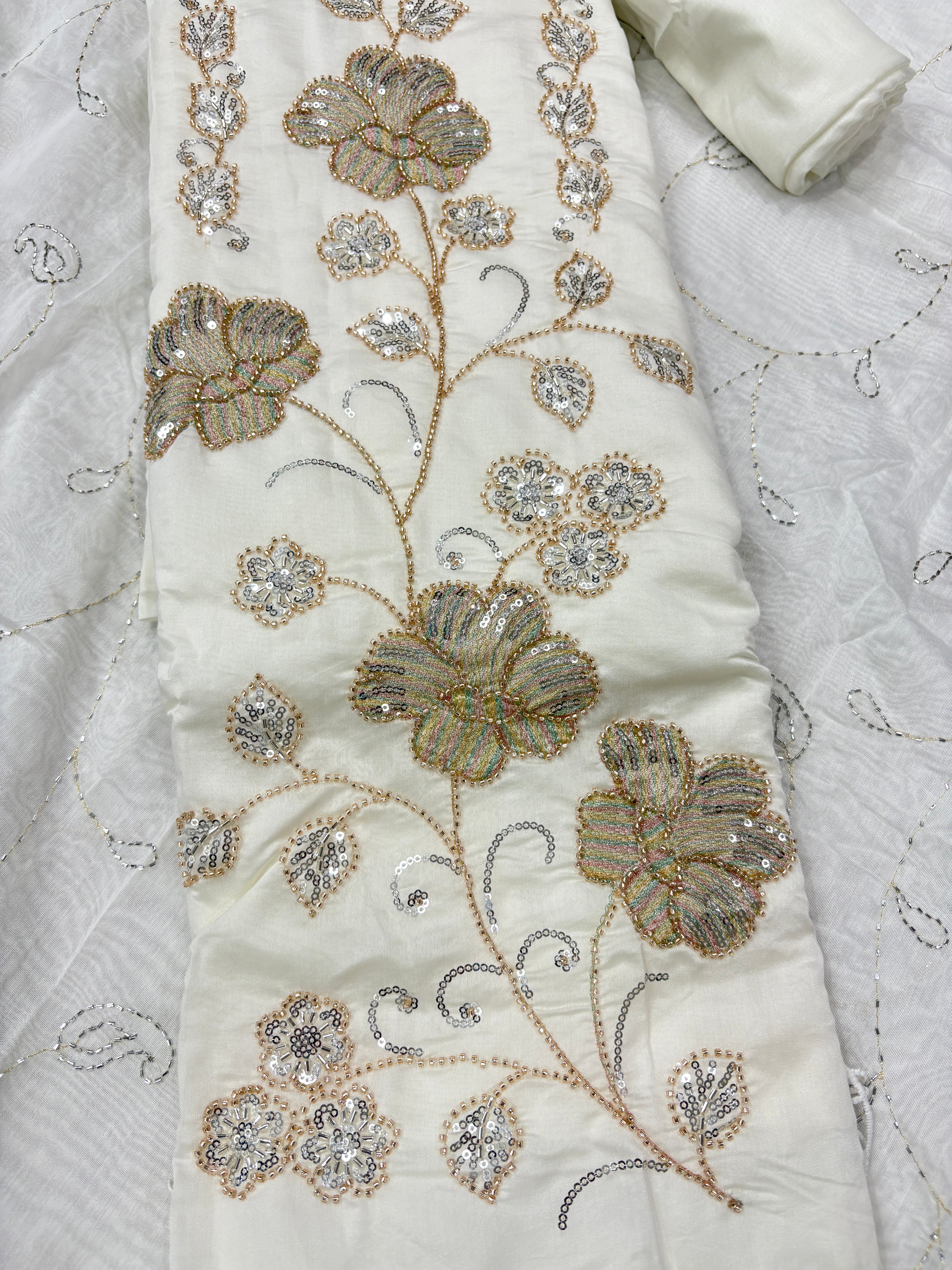 Elegant Off-White Floral Embroidered Unstitched Salwar Suit Material with Sequined Dupatta