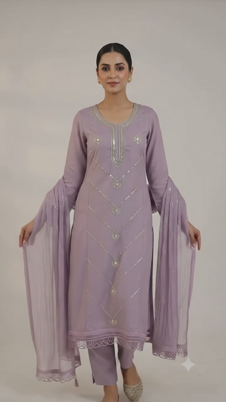 Premium Purple Color Cotton Unstitched Suit Set with Heavy Dupatta